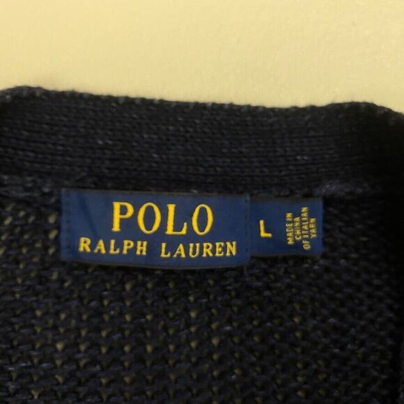 Polo Ralph Lauren Linen Cardigan Sweater Mens Large Blue Elbow Patches Academia - Picture 11 of 13